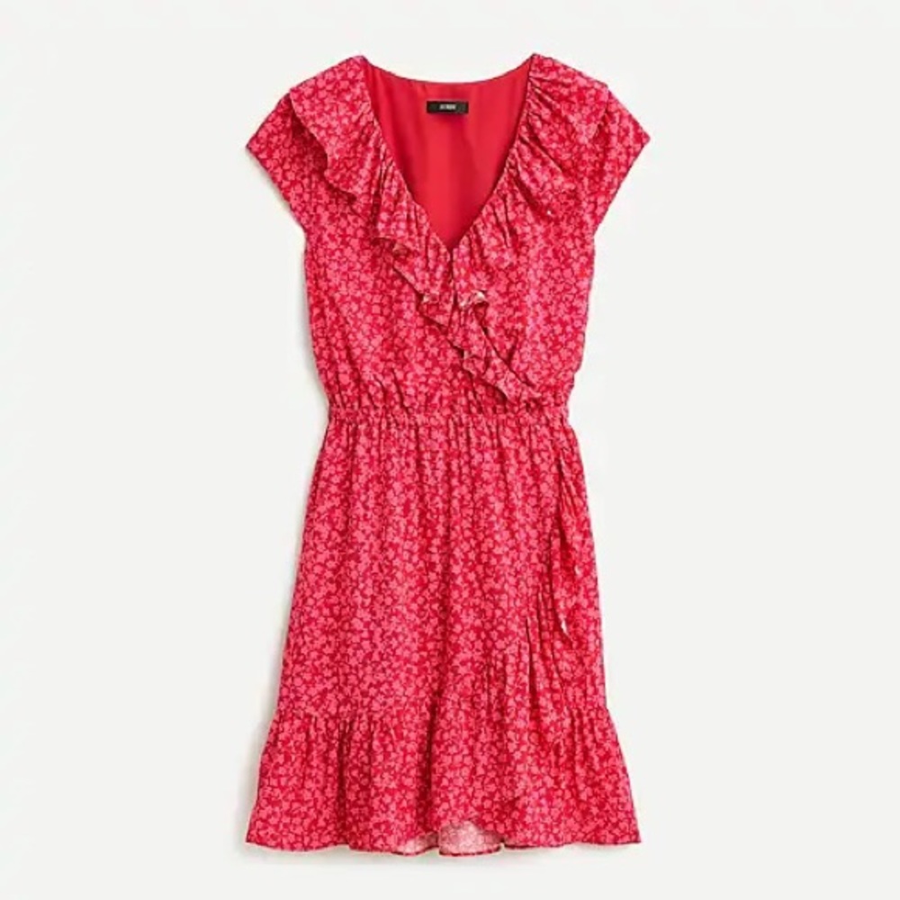 J Crew V-neck Ruffle Dress in Tossed Bouquet Print, Color Red Briar, Size 0, NWT